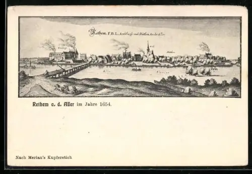 Künstler-AK Rethem a. d. Aller, Teilansicht mit Kirche im Jahre 1654 nach Merian