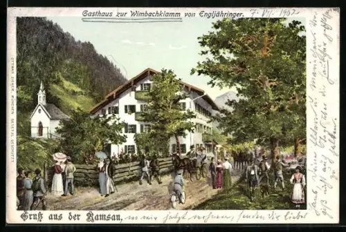 Lithographie Ramsau / Berchtesgaden, Gasthaus zur Wimbachklamm v. Engljähringer, Kirche