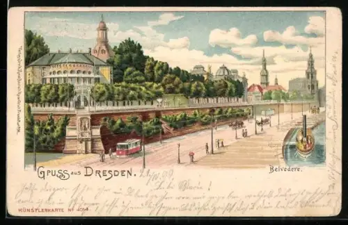 Lithographie Dresden, Belvedere mit Strassenbahn
