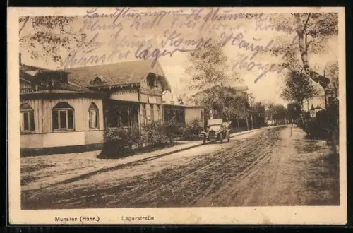 AK Munster /Hann., Lagerstrasse mit Auto