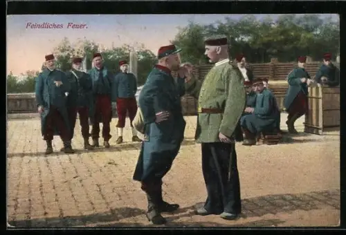 AK Feindliches Feuer, Deutscher Soldat gibt einem französischen Kriegsgefangenen Feuer