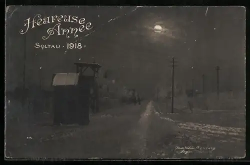 Foto-AK Soltau, Kriegsgefangenenlager, Lagerstrasse im Winter bei Mondschein