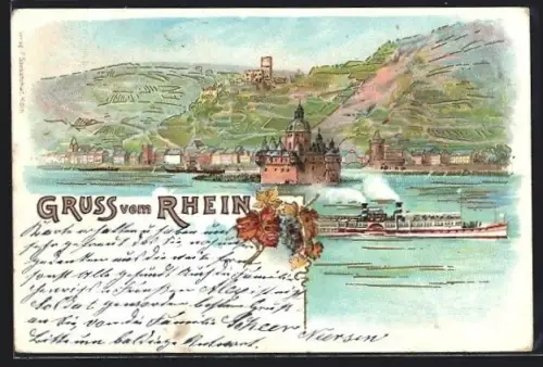 Lithographie Kaub /Rhein, Rheinpartie mit Dampfer