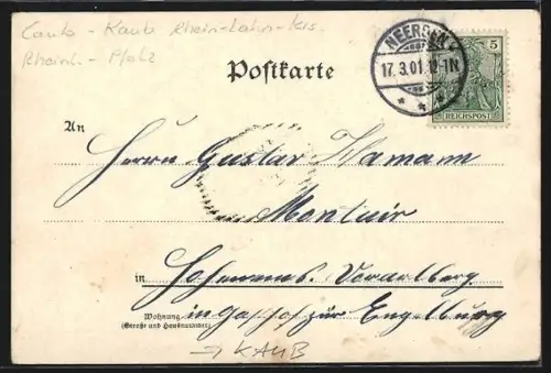 Lithographie Kaub /Rhein, Rheinpartie mit Dampfer