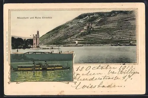 AK Ehrenfels, Mäuseturm, Ruine Ehrenfels, Dampfschiff