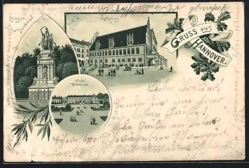 Lithographie Hannover, Rathaus, Krieger-Denkmal, Schloss Herrenhausen