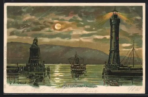 Lithographie Lindau /Bodensee, Hafeneinfahrt mit Leuchtturm und Löwe
