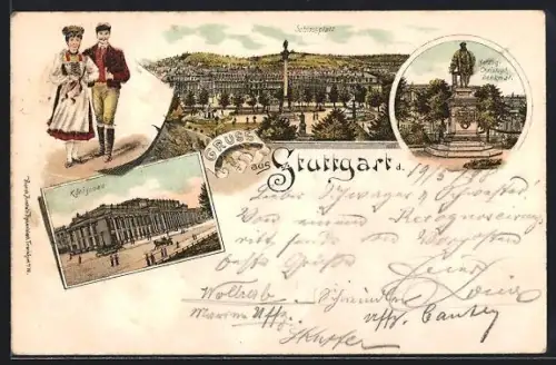 Lithographie Stuttgart, Schlossplatz, Königsbau, Herzog Christoph-Denkmal