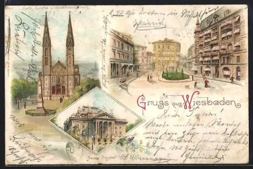Lithographie Wiesbaden, Katholische Kirche, Neues Theater
