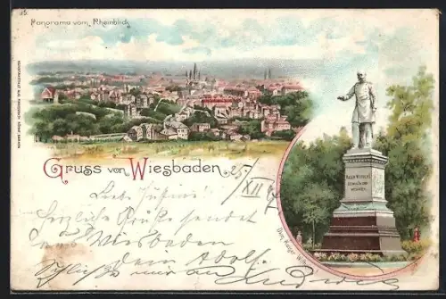 Lithographie Wiesbaden, Panorama vom Rheinblick, Kaiser Wilhelm-Denkmal