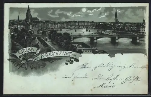 Mondschein-Lithographie Alt-Frankfurt, Brücke, Dom, Stadtsilhouette