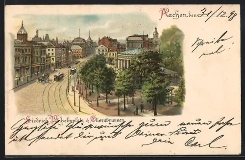 Lithographie Aachen, Friedrich-Wilhelm-Platz, Eisenbrunnen