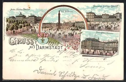 Lithographie Darmstadt, Luisenplatz, Main-Neckar-Bahnhof, Hessischer Ludwigs-Bahnhof, Post und Palais Alexander