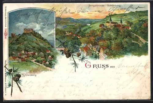 Lithographie Schönberg /Bergstrasse, Ortsansicht, Lichtenberg