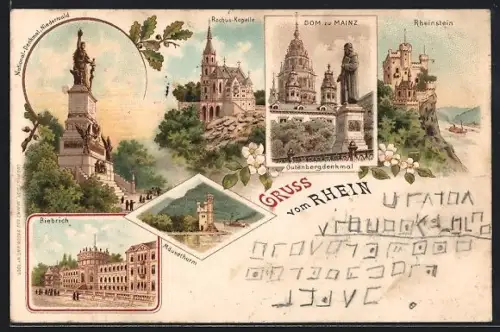 Lithographie Biebrich /Rhein, Niederwalddenkmal, Rochus-Kapelle, Dom zu Mainz, Rheinstein, Biebrich, Mäuseturm
