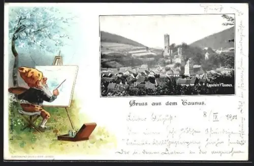Lithographie Eppstein /Taunus, Ortsansicht mit Burg und Umgebung, Zwerg mit Leinwand
