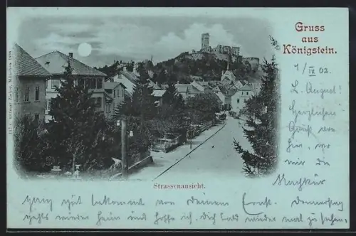 Mondschein-AK Königstein i. Taunus, Strassenansicht, Burgruine