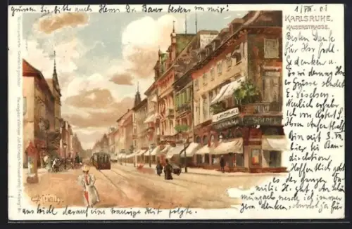 Lithographie Karlsruhe, Kaiserstrasse mit Strassenbahn und Geschäftshäusern