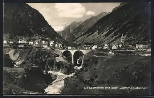 AK Goeschenen, Partie am Bahnhof, Eisenbahnbrücke und Villen