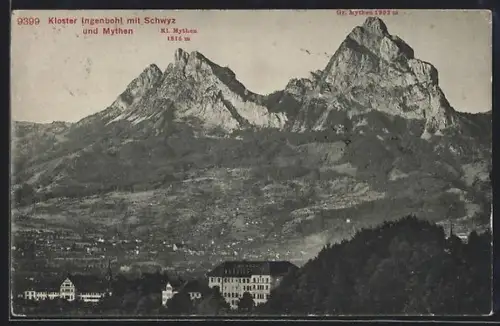AK Schwyz, Totalansicht mt Kloster Ingenbohl und Mythen