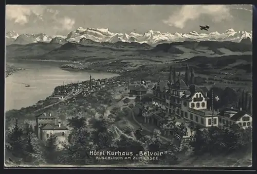 AK Rüschlikon am Zürichsee, Ortsansicht mit Hotel Kurhaus Belvoir