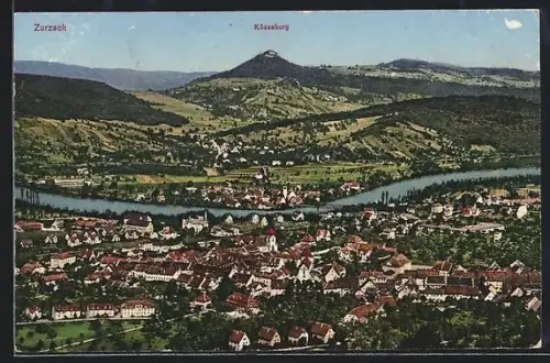 AK Zurzach, Totalansicht mit Fluss und Küssaburg aus der Vogelschau