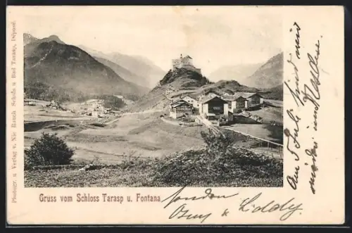 AK Tarasp, Ansicht mit Schloss Tarasp und Fontana