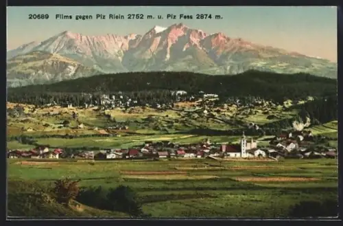 AK Flims, Totalansicht gegen Piz Rhein und Piz Fess