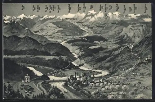 AK Reichenau am Rhein, geografische Karte mit Orten in Deutschland und der Schweiz mit Alpen