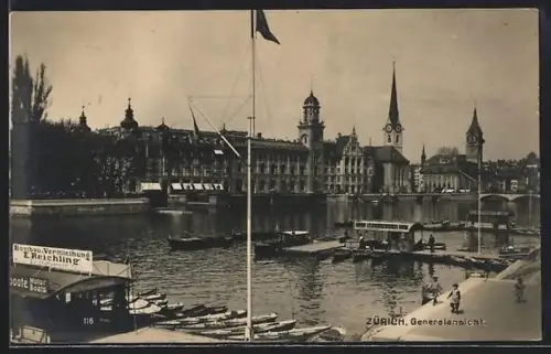 AK Zürich, Generalansicht, Bootsvermietung E. Reichling