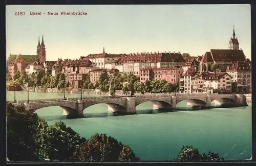 AK Basel, Neue Rheinbrücke mit Umgebung