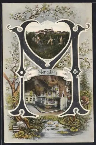 AK Mariastein, Benediktierkloster, Aussen- u. Innenansicht, Buchstabe M