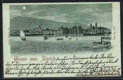 Mondschein-Lithographie Zürich, Totalansicht mit Dampfer