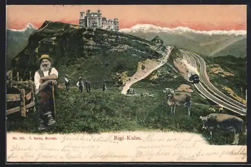 AK Rigi-Kulm, Bauer mit seinen Kühen auf einer Weide