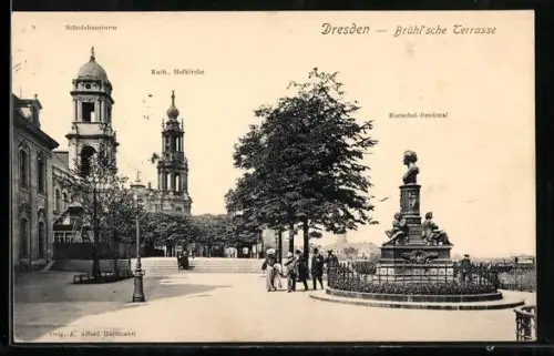 AK Dresden, Brühlsche Terrasse, Kath. Hofkirche, Rietschel-Denkmal, Schlossturm