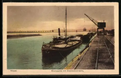 AK Wesel, Rheinpartie mit Eisenbahnbrücke