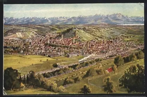 AK Ravensburg, Panorama mit Altstadt und Alpenblick