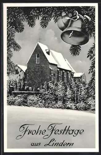 AK Lindern, Kirche im Winter mit Festtagsglocken