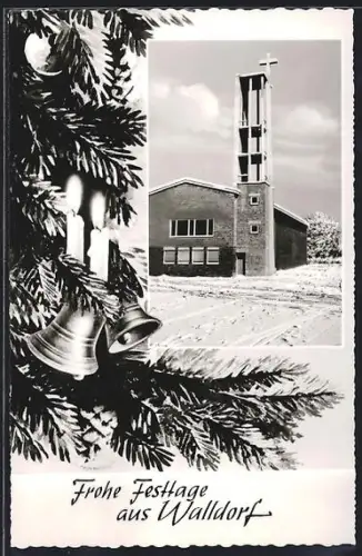 AK Walldorf, Kirche mit Glockenturm und weihnachtlicher Festdekoration