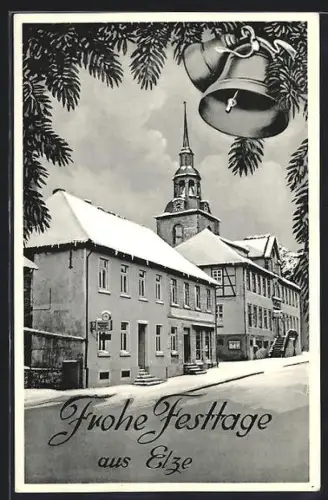 AK Elze, Verschneite Ortsansicht mit Kirche und Gasthaus