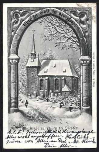 AK Plauen bei Dresden, Alte Kirche im Winter