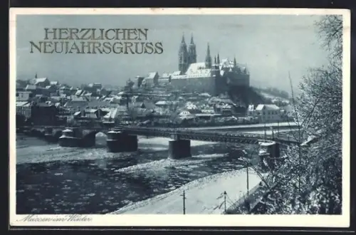 AK Meissen, Stadt mit Brücke im Winter, Neujahrsgruss