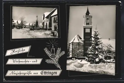 AK Ettringen, Ortspartie und Kirche im Winter, Weihnachts- u. Neujahrsgruss