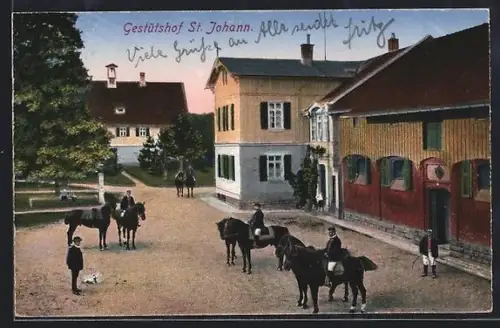 AK St. Johann / Schwäbische Alb, Reiter im Gestütshof