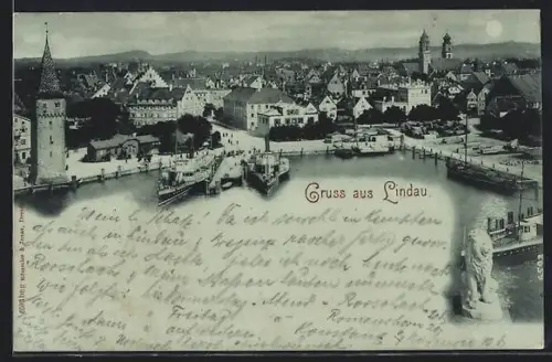 Mondschein-AK Lindau, Hafen mit Mangturm und Löwenstatue