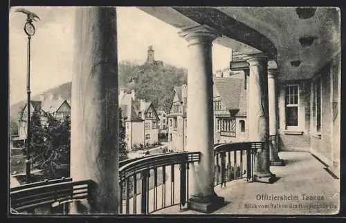 AK Falkenstein /Taunus, Offiziersheim, Blick vom Balkon des Hauptgebäudes, Burgruine im Hintergrund