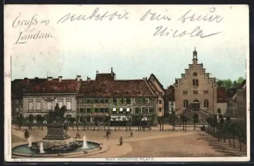 AK Landau, Max Josephs Platz, Brunnen, historische Gebäude