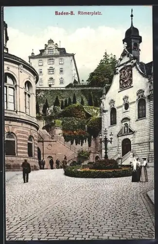 AK Baden-B., Römerplatz, Platzansicht mit Kirche und Gartenanlagen