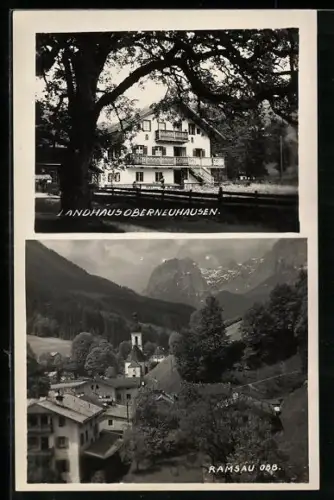 AK Ramsau, Hotel-Pension Oberneuhausen, Ortsansicht mit Kirche