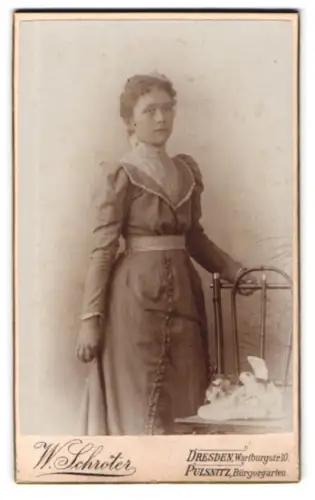 Fotografie W. Schröter, Dresden, Wartburgstrasse 10, Dame mit elegantem Kleid